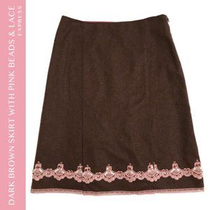 Express Dark Brown Wool Skirt With Pink Lace & Beads Embroidery Size 4